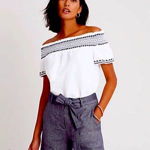 Ann Taylor Linen Cotton Smocked Off The Shoulder Top